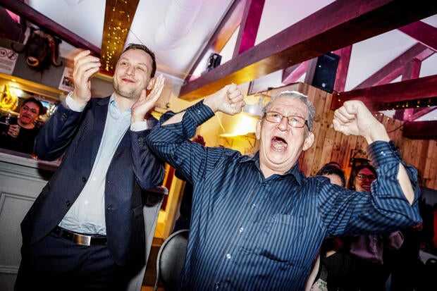 Leader of Demokraatit, Jens-Frederik Nielsen, reacts during the election party at cafe Killut in Nuuk 