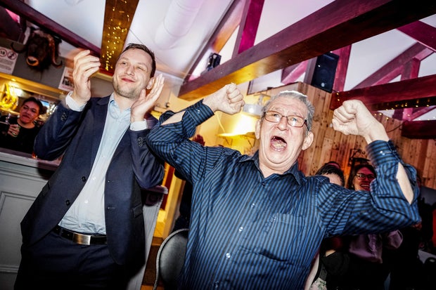 Leader of Demokraatit, Jens-Frederik Nielsen, reacts during the election party at cafe Killut in Nuuk
