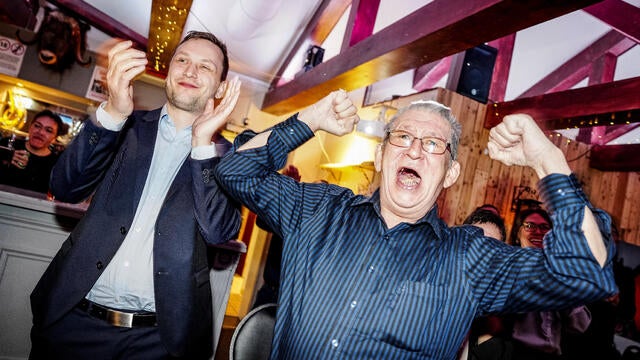 Leader of Demokraatit, Jens-Frederik Nielsen, reacts during the election party at cafe Killut in Nuuk 