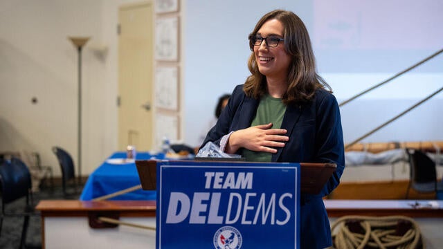 Sarah McBride speaks during a campaign event 