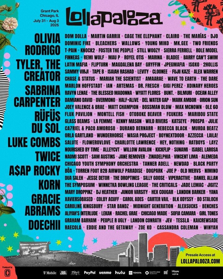 Lollapalooza 2025 full lineup featuring Doechii, Sabrina Carpenter, Olivia Rodrigo, Korn and more.  
