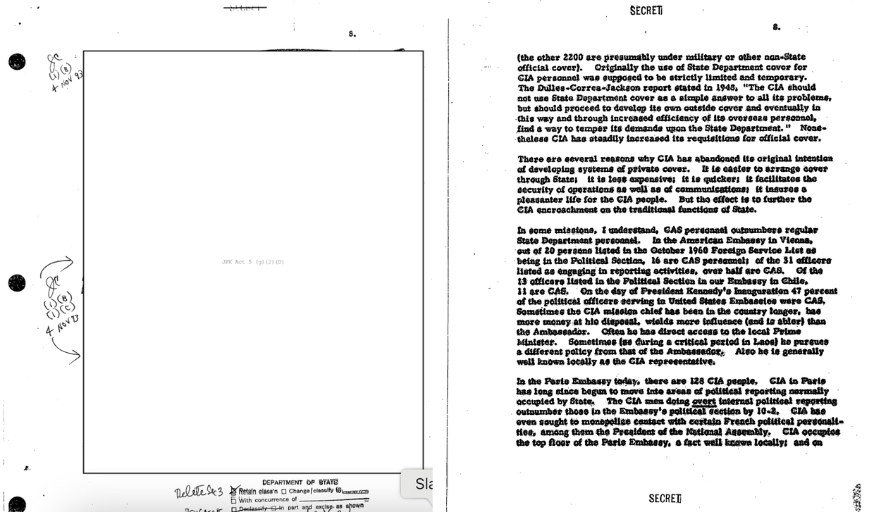 On the left, a previously redacted portion of a memo written by Arthur Schlesinger Jr. in 1961. The unredacted version was released as part of a trove of JFK files unveiled by the Trump administration on Tuesday, March 18, 2025. 