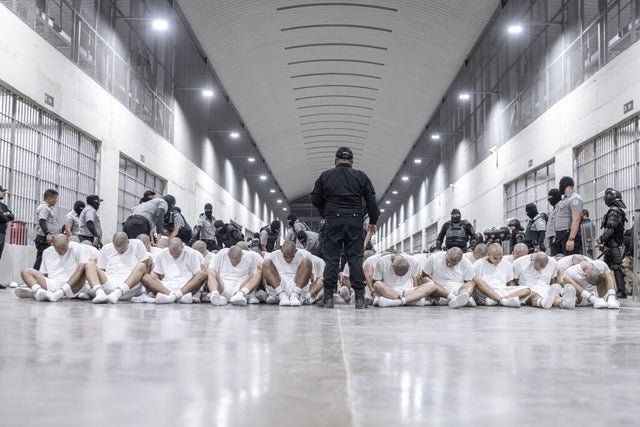 In this photo released by the Salvadoran government, inmates allegedly linked to criminal organizations and deported from the U.S. gather on the floor at CECOT in Tecoluca, El Salvador, on March 16, 2025. 