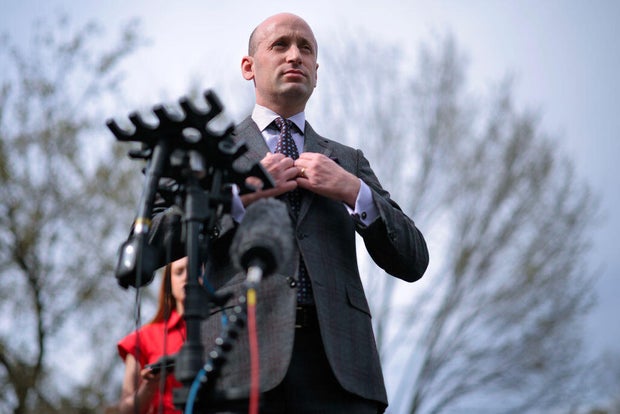 White House Deputy Chief of Staff Stephen Miller talks to reporters outside the West Wing in Washington, D.C., on March 19, 2025.