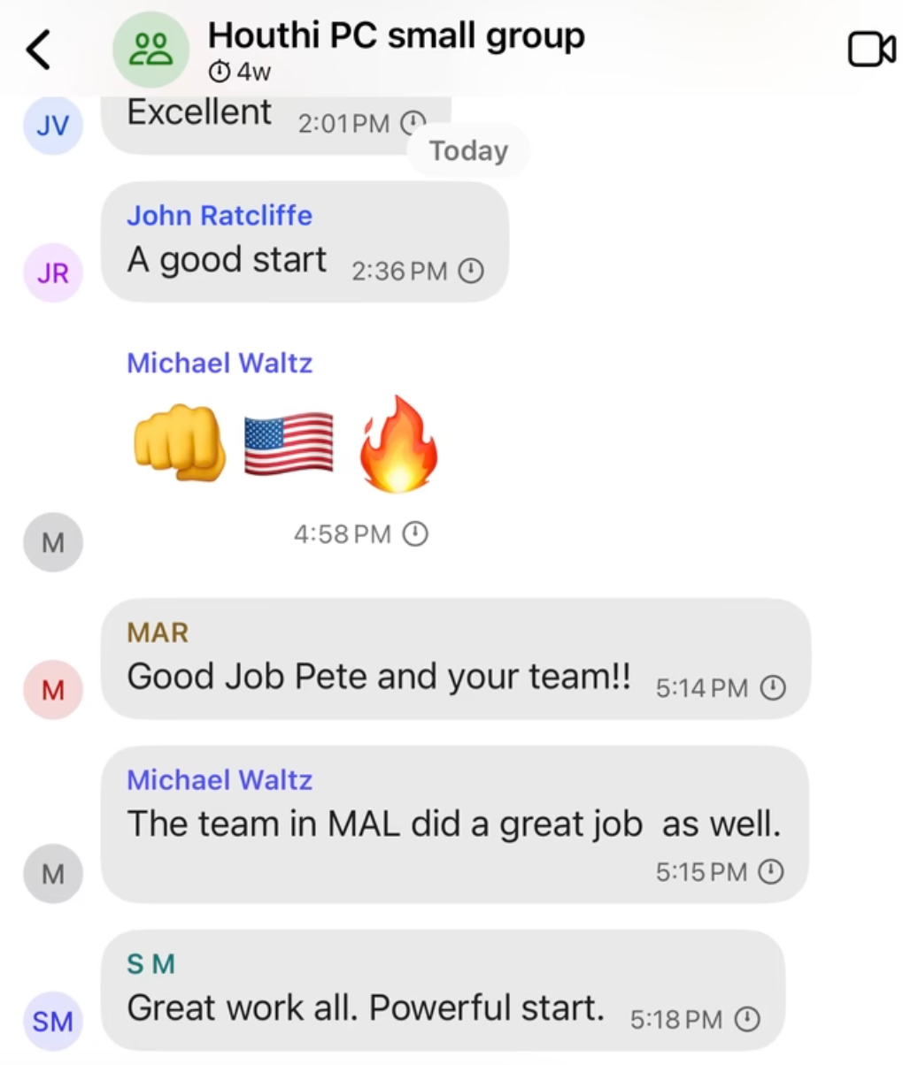 A screenshot of the Signal group chat after the strikes on Yemen, as published by The Atlantic. 