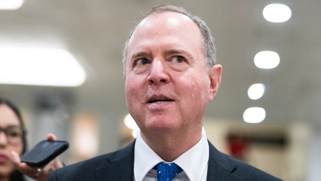 Sen. Adam Schiff, a Democrat from California, talks with reporters after the Senate luncheons in the U.S. Capitol, Feb. 19, 2025. 