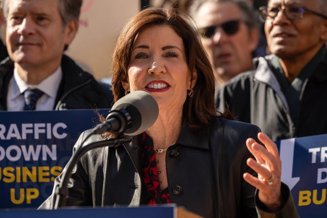 New York Gov. Kathy Hochul speaks during a news conference on congestion pricing in New York City on March 21, 2025. 