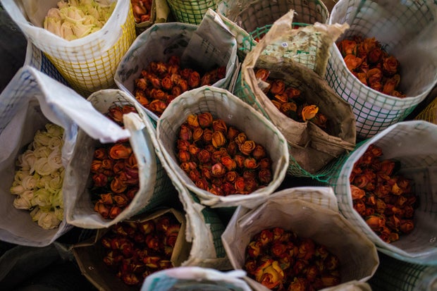 Rose bouquets sit in a container to be packed for export