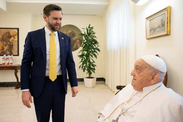 Pope Francis meets with Vice President JD Vance and delegation during an audience at Casa Santa Marta on April 20, 2025 in Vatican City, Vatican. 