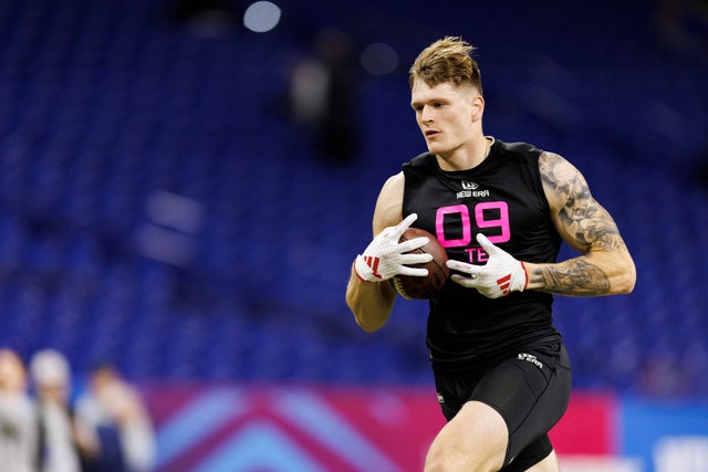 Thomas Fidone II #TE09 of Nebraska participates in a drill during the NFL Scouting Combine at Lucas Oil Stadium on February 28, 2025 in Indianapolis, Indiana. 