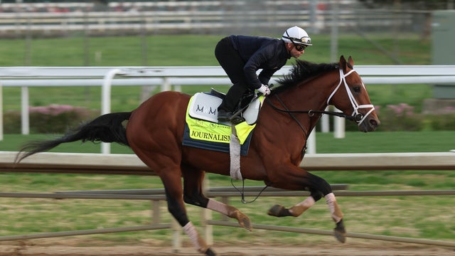 Journalism runs on the track during morning training in preparation for the Kentucky Derby at Churchill Downs on April 25, 2025, in Louisville, Kentucky. 
