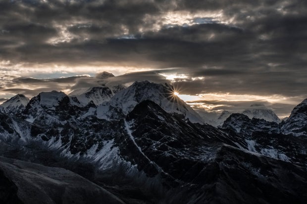 Summits of Mt. Everest, Mt. Nuptse and Mt. Makalu, seen from
