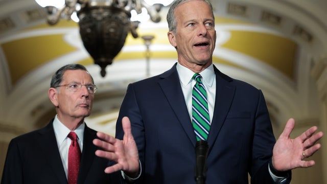 Senate Majority Leader John Thune speaks to reporters alongside Senate Majority Whip John Barrasso following the weekly Republican Senate policy luncheon at the U.S. Capitol on May 06, 2025 in Washington, DC. 
