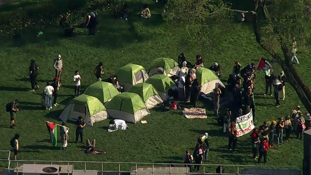 An aerial view of several dozen pro-Palestinian protesters near eight tents set up on the Brooklyn College quad. 