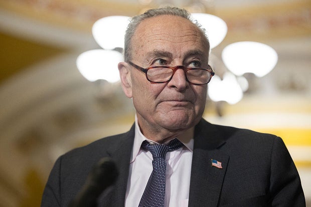 Senate Minority Leader Chuck Schumer speaks at a press conference with other members of Senate Democratic leadership following a policy luncheon at the U.S. Capitol in Washington, DC May 6, 2025.