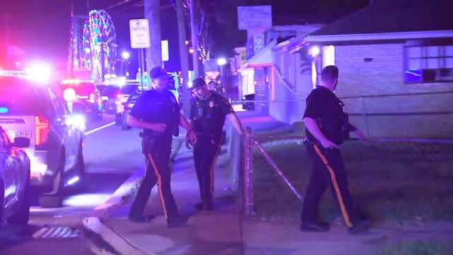 Police are seen illuminated by the lights of their cars, a Ferris wheel is lit up behind them 