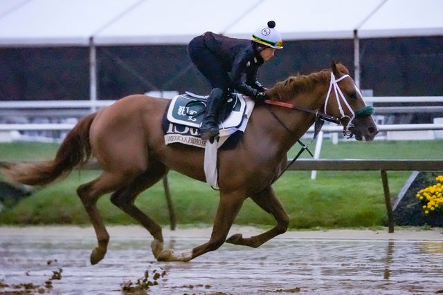 Preakness Stakes entry American Promise breezes during morning workouts at Pimlico Race Course in Baltimore, May 14, 2025.