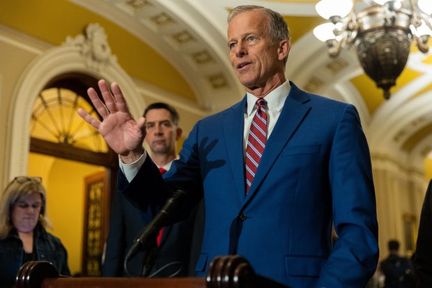 Senate Majority Leader John Thune speaks at a press conference with other members of Senate Republican leadership following a policy luncheon at the U.S. Capitol in Washington, DC on May 13, 2025.