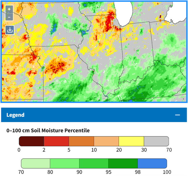 Soil moisture in Illinois at the end of May 2025.