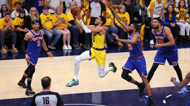 Tyrese Haliburton #0 of the Indiana Pacers drives to the basket against Mikal Bridges #25 of the New York Knicks during the fourth quarter in Game Four of the Eastern Conference Finals of the 2025 NBA Playoffs at Gainbridge Fieldhouse on May 27, 2025 in Indianapolis, Indiana. 