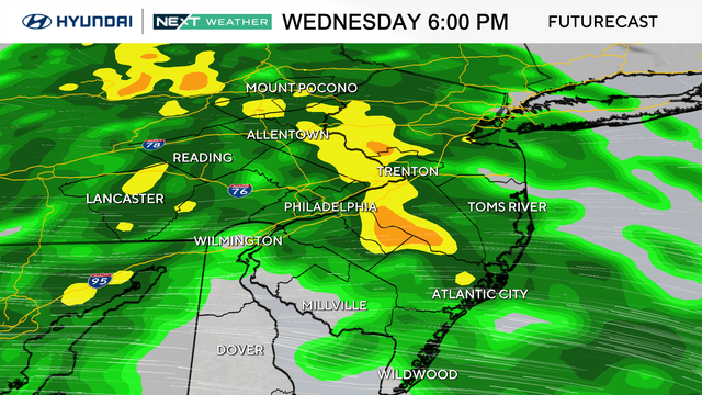 A weather map shows rain across most of the Philadelphia region Wednesday at 6 p.m. 