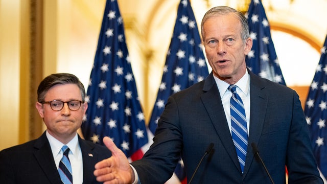 Speaker of the House Mike Johnson, left, and Senate Majority Leader John Thune hold a news conference on passing the budget resolution in the U.S. Capitol on Thursday, April 10, 2025. 