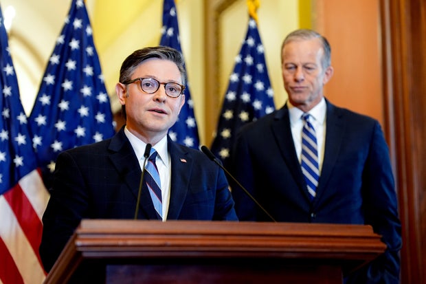 House Speaker Mike Johnson and 365betٷվ Majority Leader John Thune during a news conference at the U.S. Capitol in Washington, D.C., on Thursday, April 10, 2025.  
