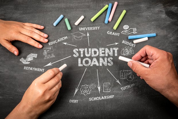 Student Loans Illustration with icons, arrows and keywords on a black chalkboard background 