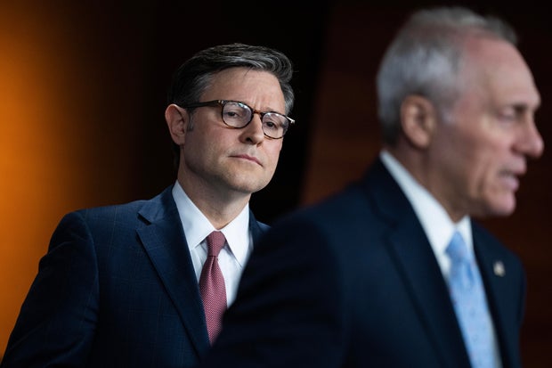 Speaker of the House Mike Johnson, left, and House Majority Leader Steve Scalise conduct a news conference in the Capitol Visitor Center after a meeting of the House Republican Conference on Wednesday, June 4, 2025.