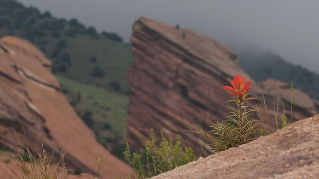 Rain clouds hang over downtown Denver seen from Red Rocks 
