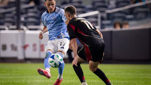 Hannes Wolf #17 of New York City FC takes the shot on goal in the second half of the Major League Soccer match against Atlanta United at Yankee Stadium on June 12, 2025 in Bronx, New York. 