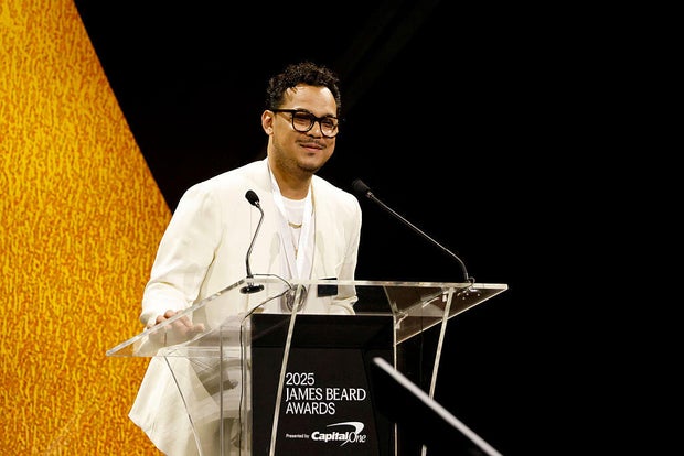Phila Lorn speaks at the James Beard Awards after winning the emerging chef awards 