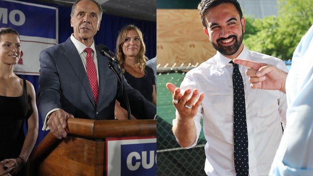 Left: Joined by his daughters, from left, Cara Kennedy-Cuomo, Mariah Kennedy-Cuomo and son-in-law Tellef Lundevall, Mayoral candidate Andrew Cuomo, center, speaks to supporters during a Democratic primary watch party, Tuesday, June 24, 2025, in New York.; 