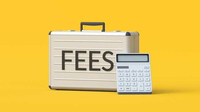 Word fees on suitcase near calculator. Hidden fee. Fixed charges. Payment of the penalty. Legal, illegal commission. Business concept. 3d render 