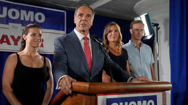 Left: Joined by his daughters, from left, Cara Kennedy-Cuomo, Mariah Kennedy-Cuomo and son-in-law Tellef Lundevall, Mayoral candidate Andrew Cuomo, center, speaks to supporters during a Democratic primary watch party, Tuesday, June 24, 2025, in New York.; 