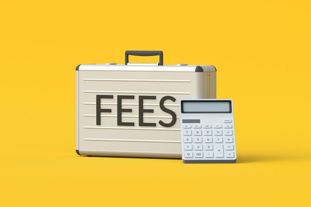 Word fees on suitcase near calculator. Hidden fee. Fixed charges. Payment of the penalty. Legal, illegal commission. Business concept. 3d render 