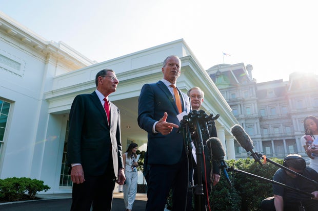 Senate Majority Leader Sen. John Thune speaks alongside Sen. John Barrasso and Sen. Mike Crapo outside of the West Wing of the White House on June 4, 2025, in Washington, D.C. 