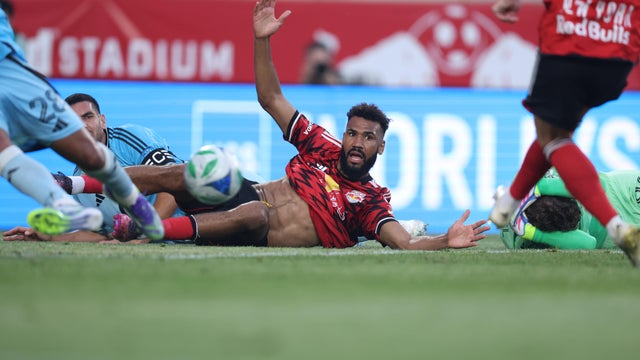 Eric Maxim Choupo-Moting #13 of the New York Red Bulls reacts after colliding with Wessel Steel #96 of Minnesota United in the first half at Sports Illustrated Stadium on June 28, 2025 in Harrison, New Jersey. 