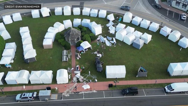 An aerial view of tents destroyed by a driver in Montauk 