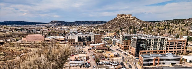 Drone view of downtown Castle Rock, Colorado business district 