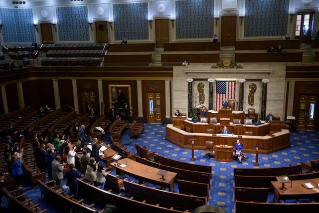House Minority Leader Hakeem Jeffries of New York speaks in the House chamber as Democrats stand to applaud him before the final vote on President Trump's tax and spending bill at the U.S. Capitol in Washington, D.C., on July 3, 2025. 