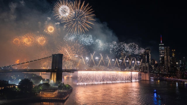 Fireworks light up the sky above the Brooklyn Bridge during Macy's 4th of July fireworks show on July 4, 2025 in New York City. 