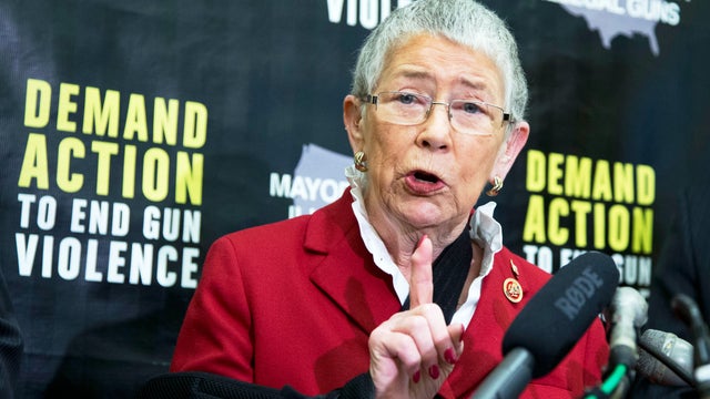 Rep. Carolyn McCarthy, D-N.Y. speaks on Capitol Hill in Washington, Feb. 12, 2014, of Moms Demand Action and Mayors Against Illegal Guns, to release an analysis of school shootings in America since the massacre in Newtown ahead of Valentine's Day. 