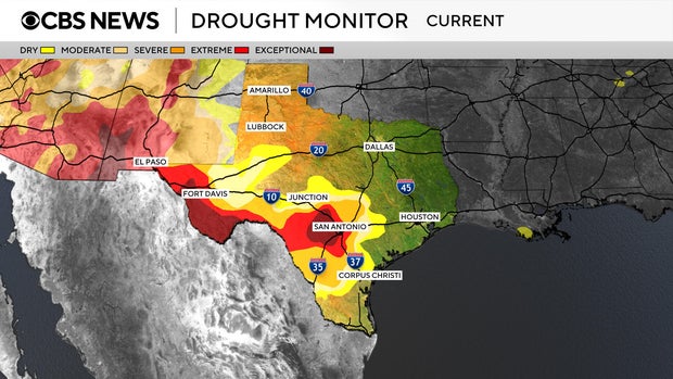 Map shows drought conditions in Central Texas. 