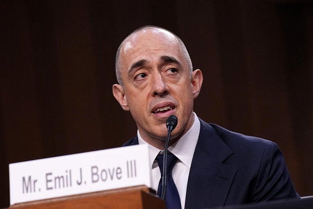 Emil Bove testifies during his confirmation hearing before the Senate Judiciary Committee on June 25, 2025. 