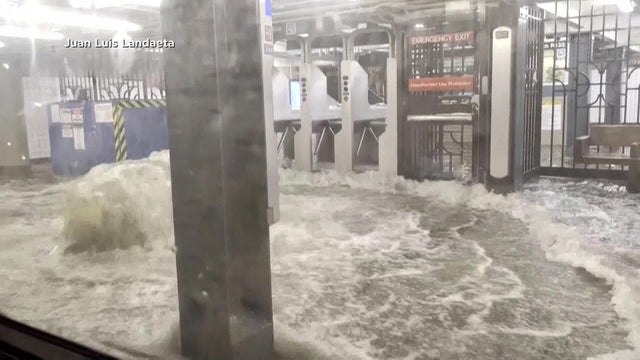 Floodwaters fill a New York City subway station 