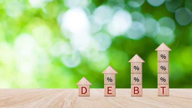 Debt growth for debt reduction concept, growth of public debt on wooden cube, Delve deeper the complex concept of debt and significant impact on effectively managing personal finances. 
