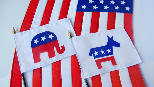 Republican Elephant and Democratic Donkey political party symbols on two small flags laying on the American Flag. 
