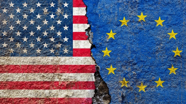 American and European Union Flag on Cracked Surface: US-EU Relations: Tensions, Transatlantic Ties, Trade, and Geopolitics Crisis 