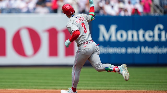Philadelphia Phillies' Bryce Harper (3) runs the bases after hitting a home run during the third inning of a baseball game against the New York Yankees, Saturday, July 26, 2025, in New York. 